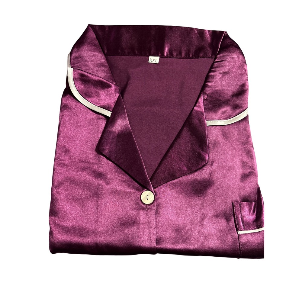 Plum Purple Satin Pajama Set Short Sleeve Button Down Top and Shorts S,M,XXL